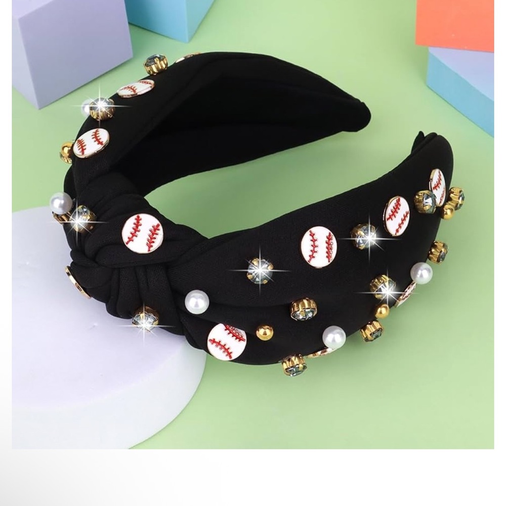 Black Knotted Baseball Embellished Headband - Women’s Hair Accessory